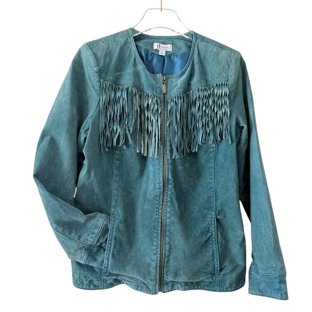 100% Leather Fringe Teal Blue w Zip-Up Washable Jacket Size Medium Fully Lined
